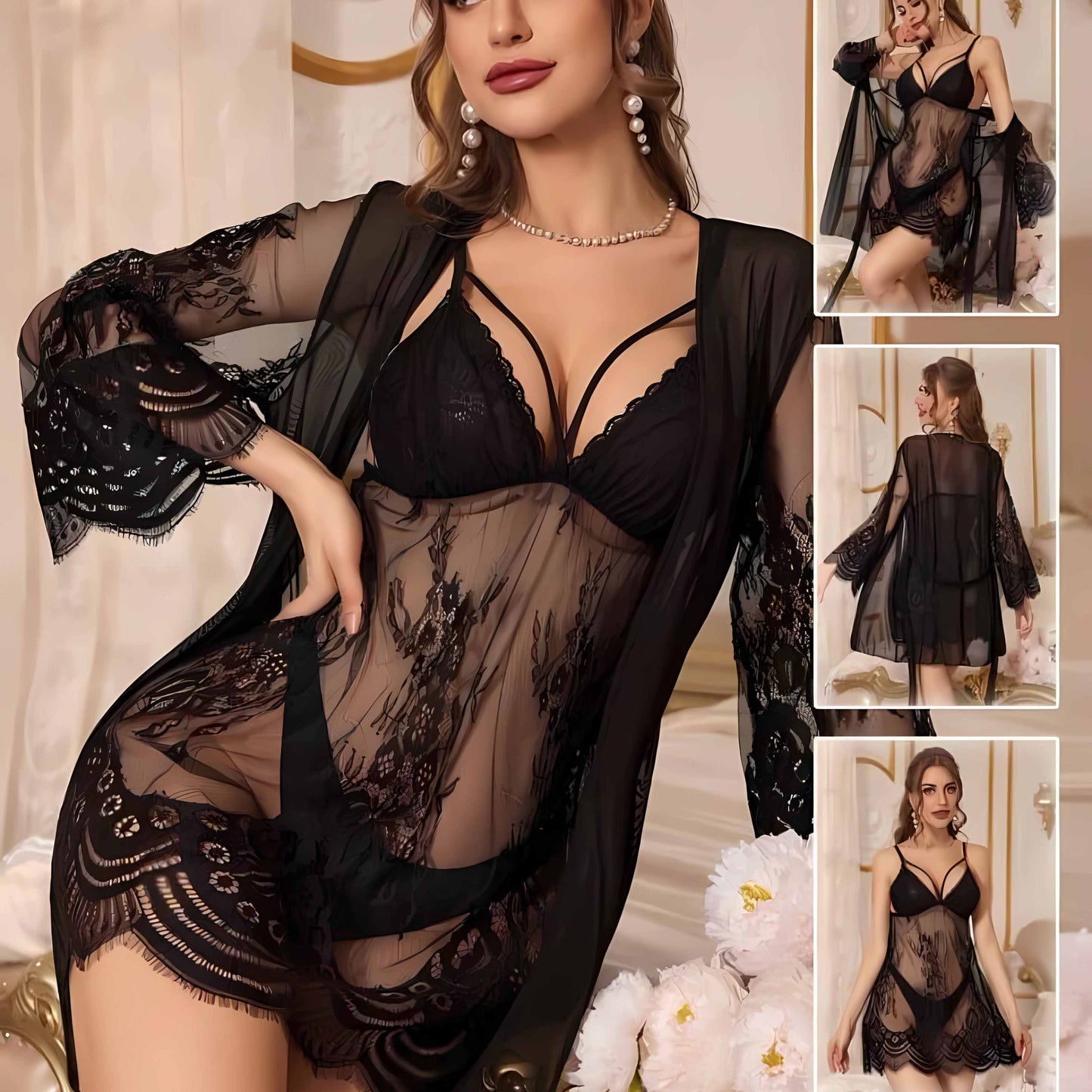 Bridal Style Black Net Nighty for Women - Black nighty