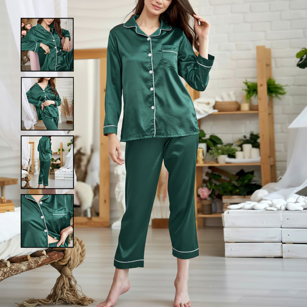 Comfortable green Satin Silk Night Suit for Women