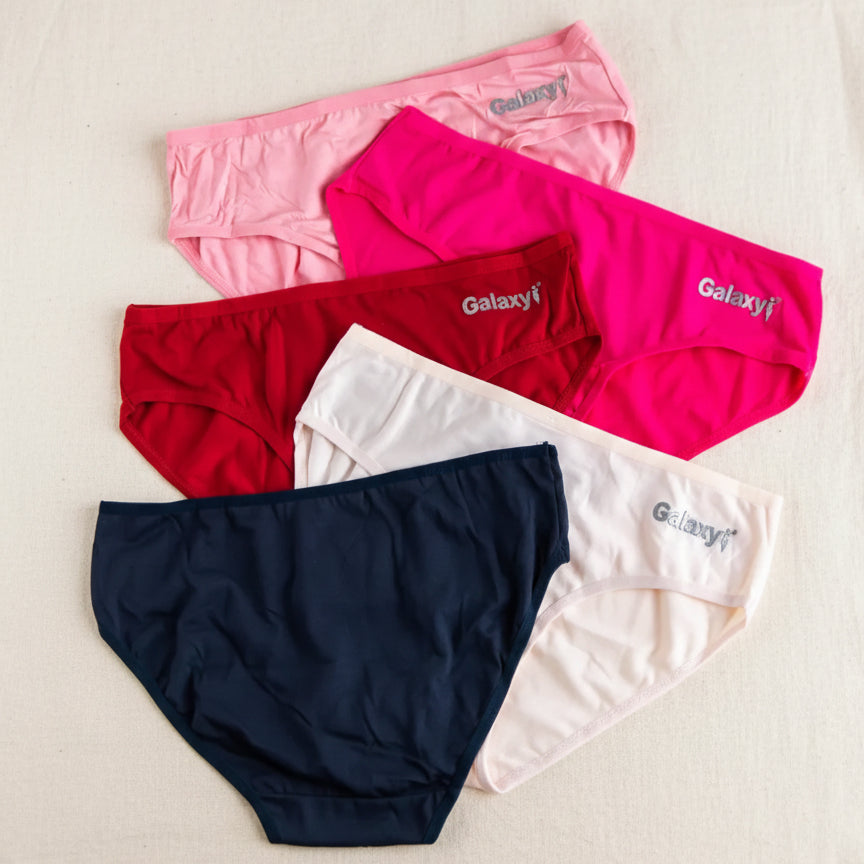 Set of women's underwear in various colors with 'Galaxy' branding on a light background