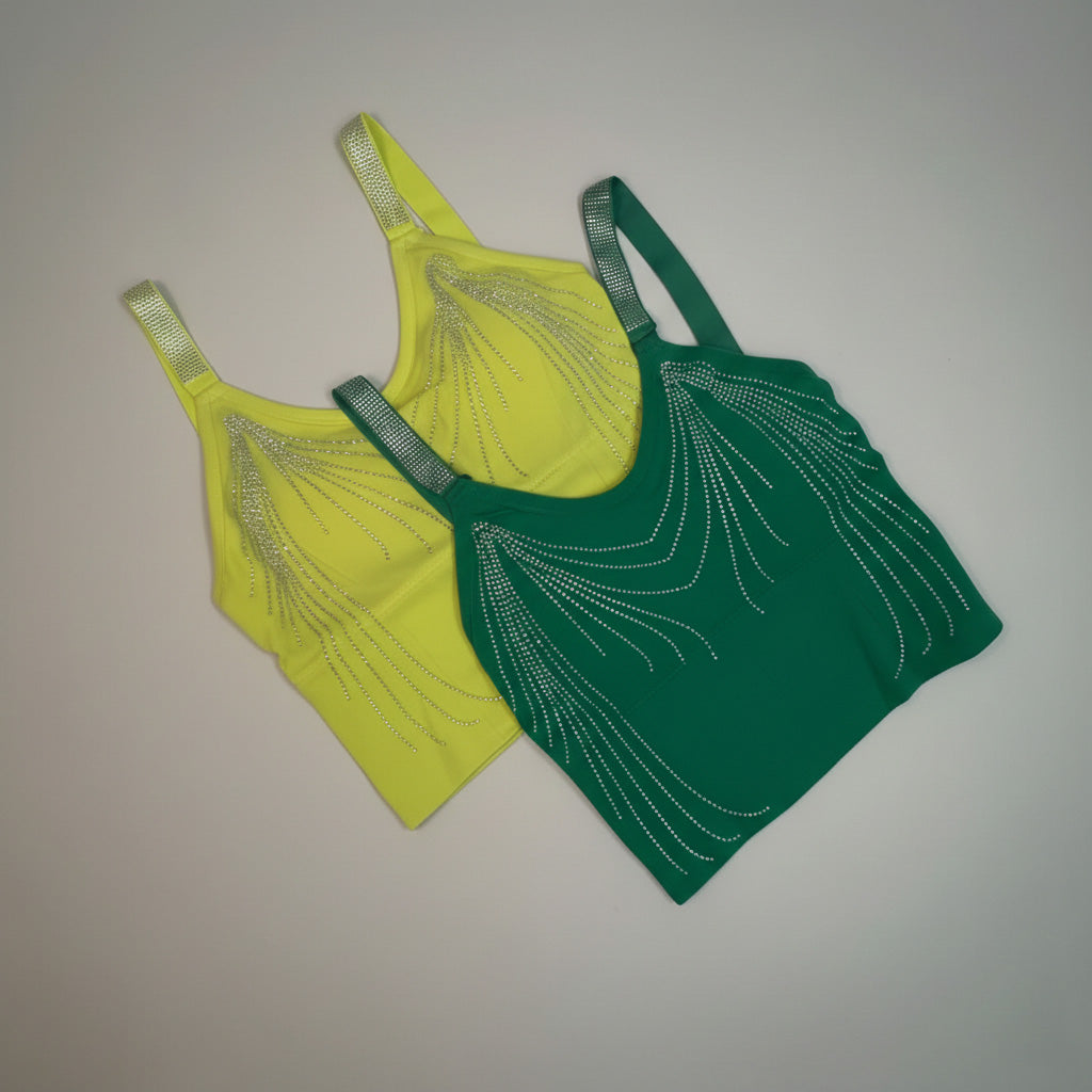 Two tank tops, one yellow and one green, with decorative patterns - Shiny stone rhinestone camisole for women stylish party wear cami top