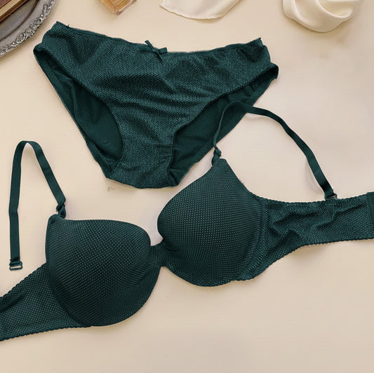 Soft Dotted Light Push Up Bra & Panty Set - Green colour