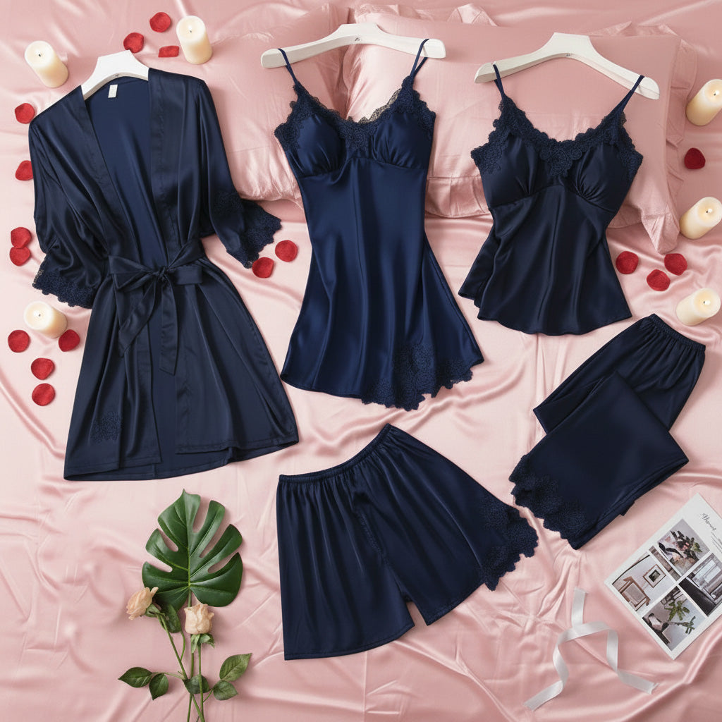 5-Piece Luxury Royal Silk Bridal Nightgown Set