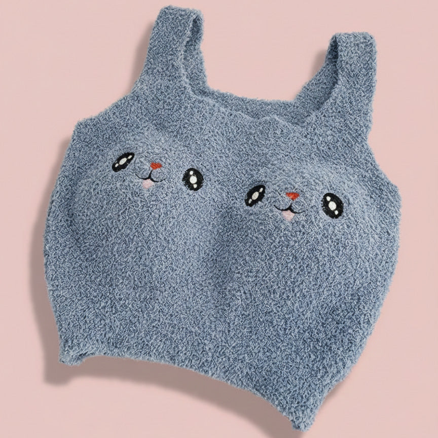 Blue bunny plush fleece crop top soft fuzzy square neck sleeveless casual wear