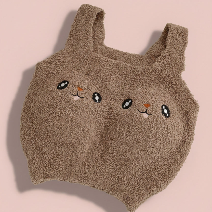 Brown bunny plush fleece crop top cute fuzzy square neck winter top for women