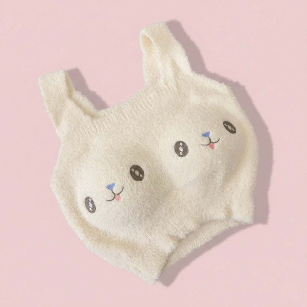 White rabbit plush crop top soft teddy fleece cozy sleeveless top for girls