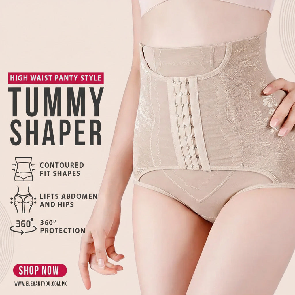 Tummy shaper with promotional text and branding on a light background