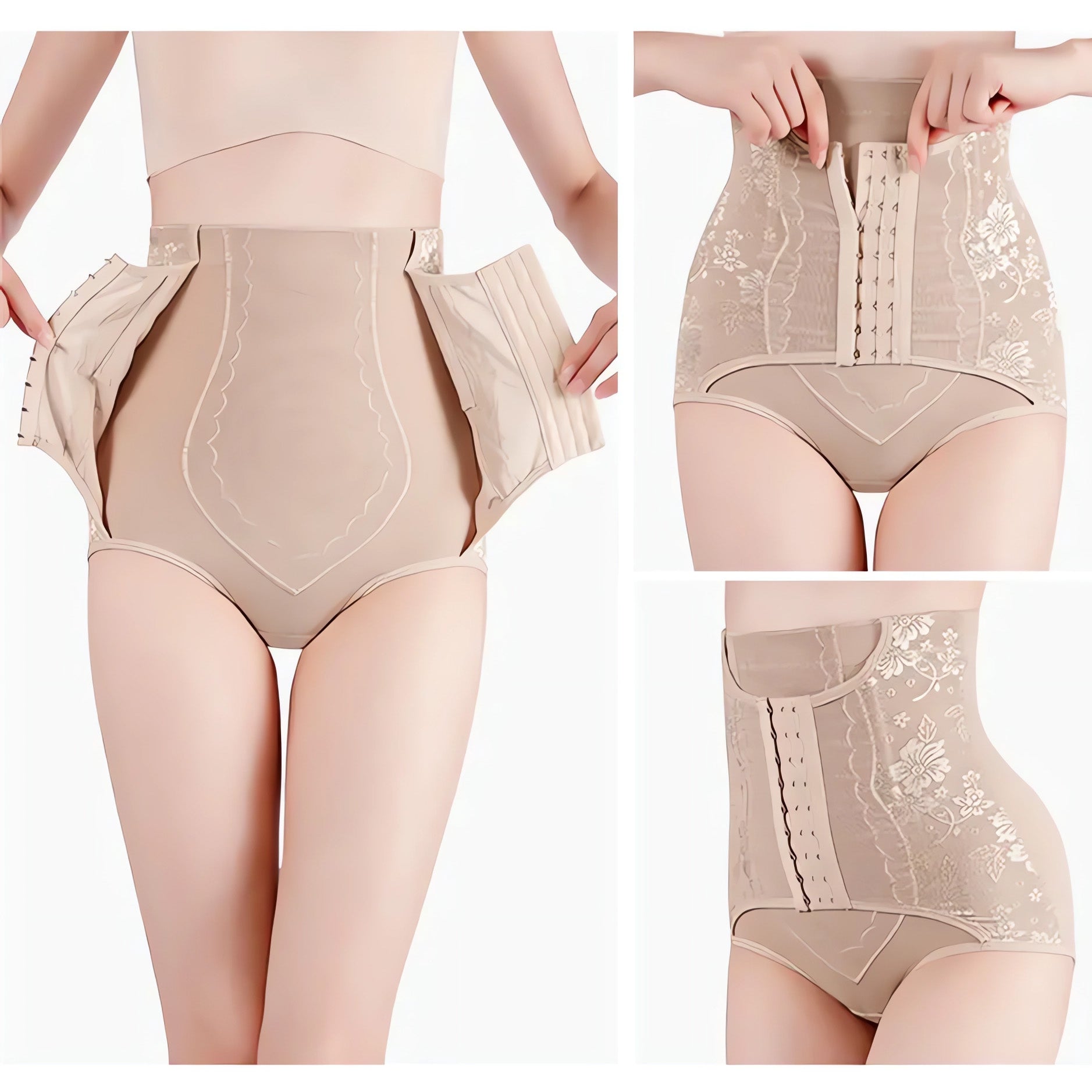 Beige shapewear with lace details on a white background