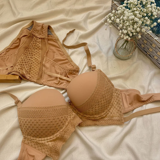 Searl Embroidered Padded Push Up Bra Set - Beige