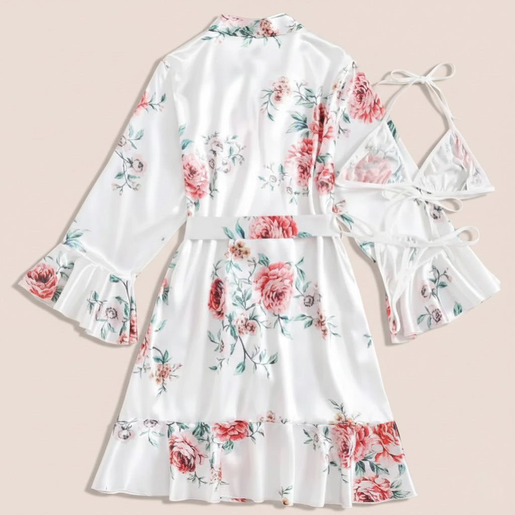 Soft Flower Printed 3 Peice Nighty - Back look nighty