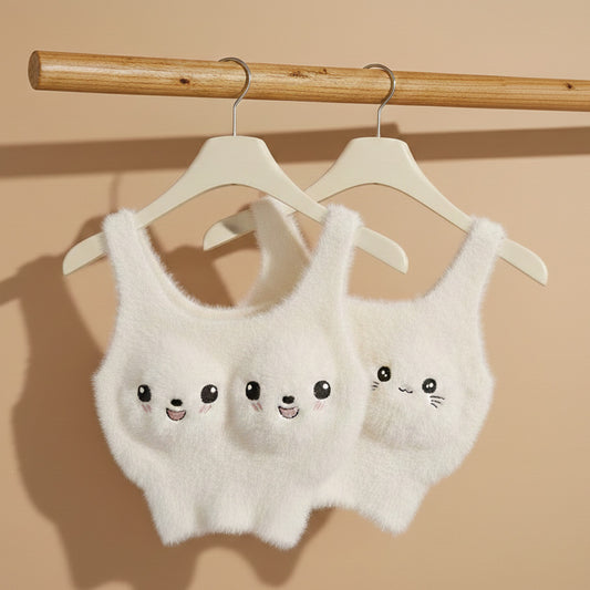 Soft White Furry Camisole cute chest emoji design warm comfortable plush top for women
