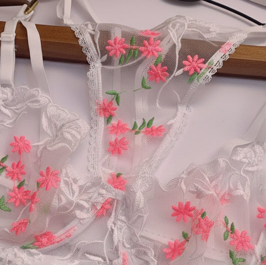 Soft Net Floral Bra Set
