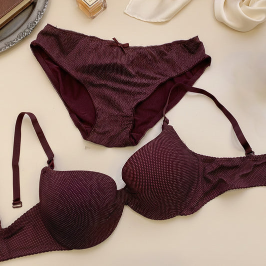 Soft Dotted Light Push Up Bra & Panty Set - Mehroon - maroon colour 