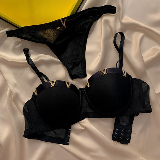 V PEARLS SOFT THIN PAD BRA SET  - Black