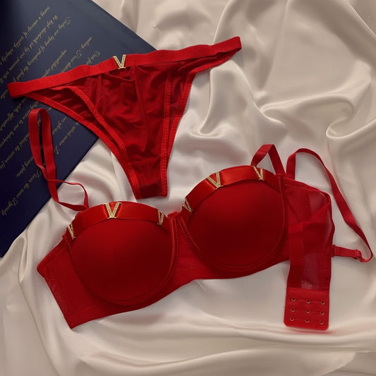 V PEARLS SOFT THIN PAD BRA SET - Red