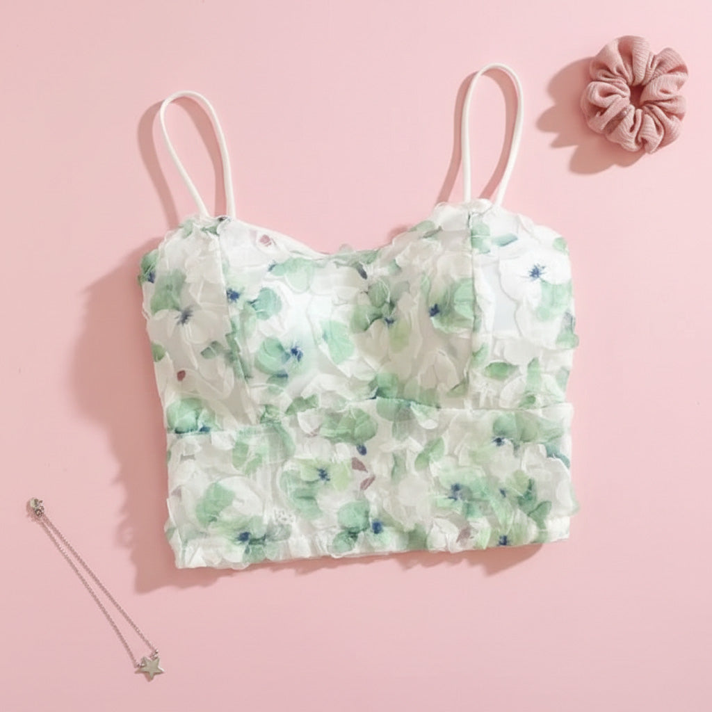 Green rose crop top trendy floral pattern lightweight summer tank top