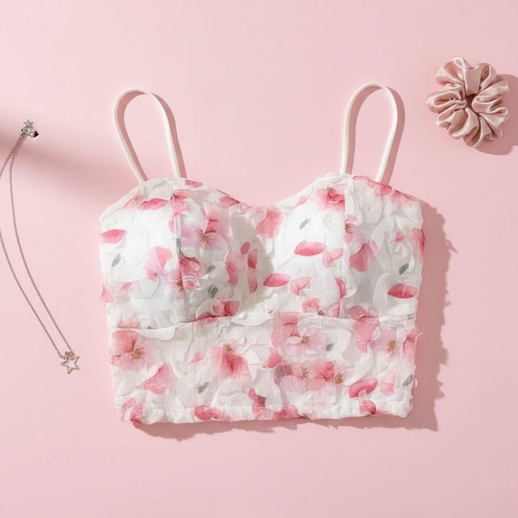 Pink rose crop top soft breathable floral print sleeveless top for women