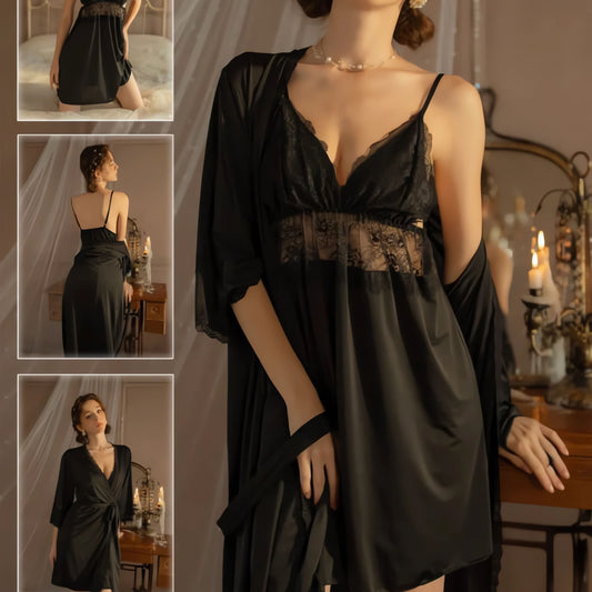 Black Sexy Two Piece Nighty Set for Women – Flirty Baby Doll Nightwear for Honeymoon & Romantic Nights