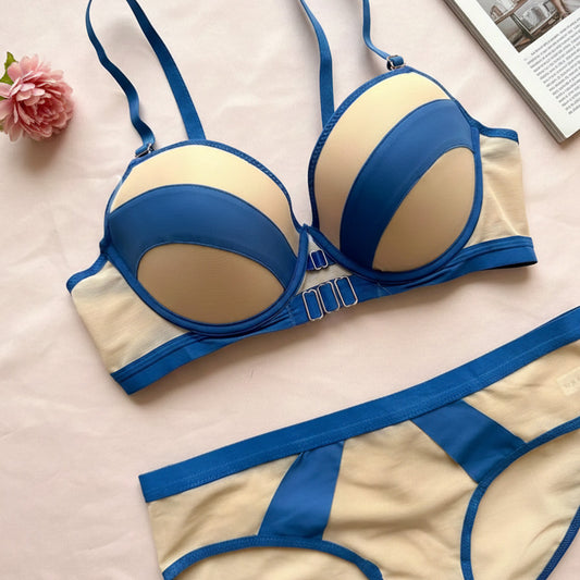 Buckle Style Bra & Panty Set for Women – Blue Wireless Lingerie Set, Comfortable Seamless Bra & Panty, Trendy Everyday Bra Set